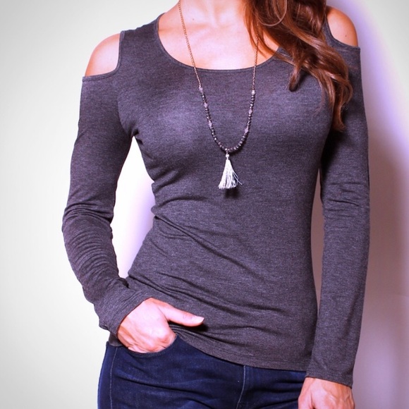 Popular 21 Tops - Charcoal Fitted Cold Shoulder Top